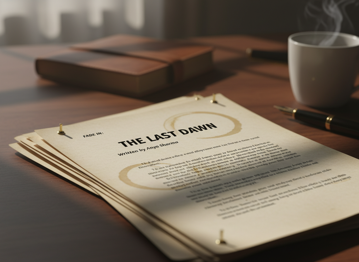 cinematic close-up of a printed movie script or screenplay pages, shallow depth of field, moody lighting