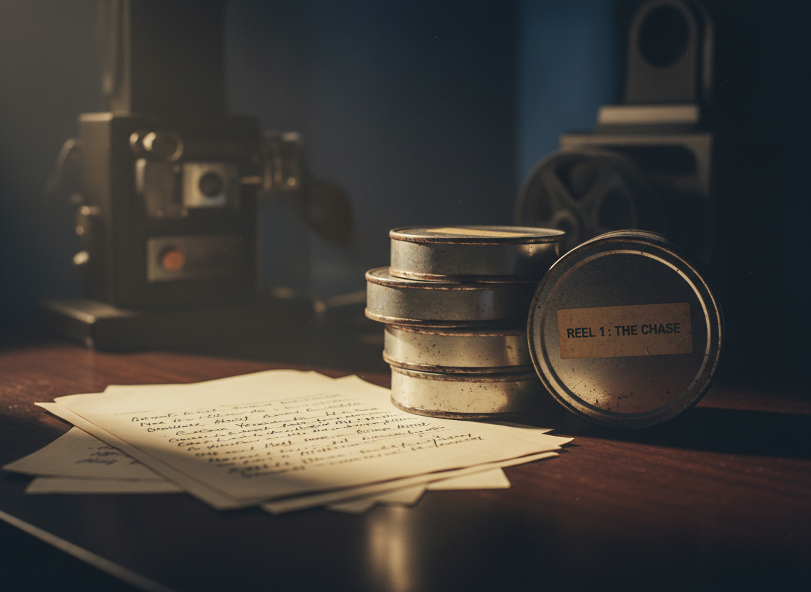 moody, cinematic still life of a printed film script pages with handwritten notes next to a stack of vintage metal film cans on a dark desk, soft directional light, shallow depth of field
