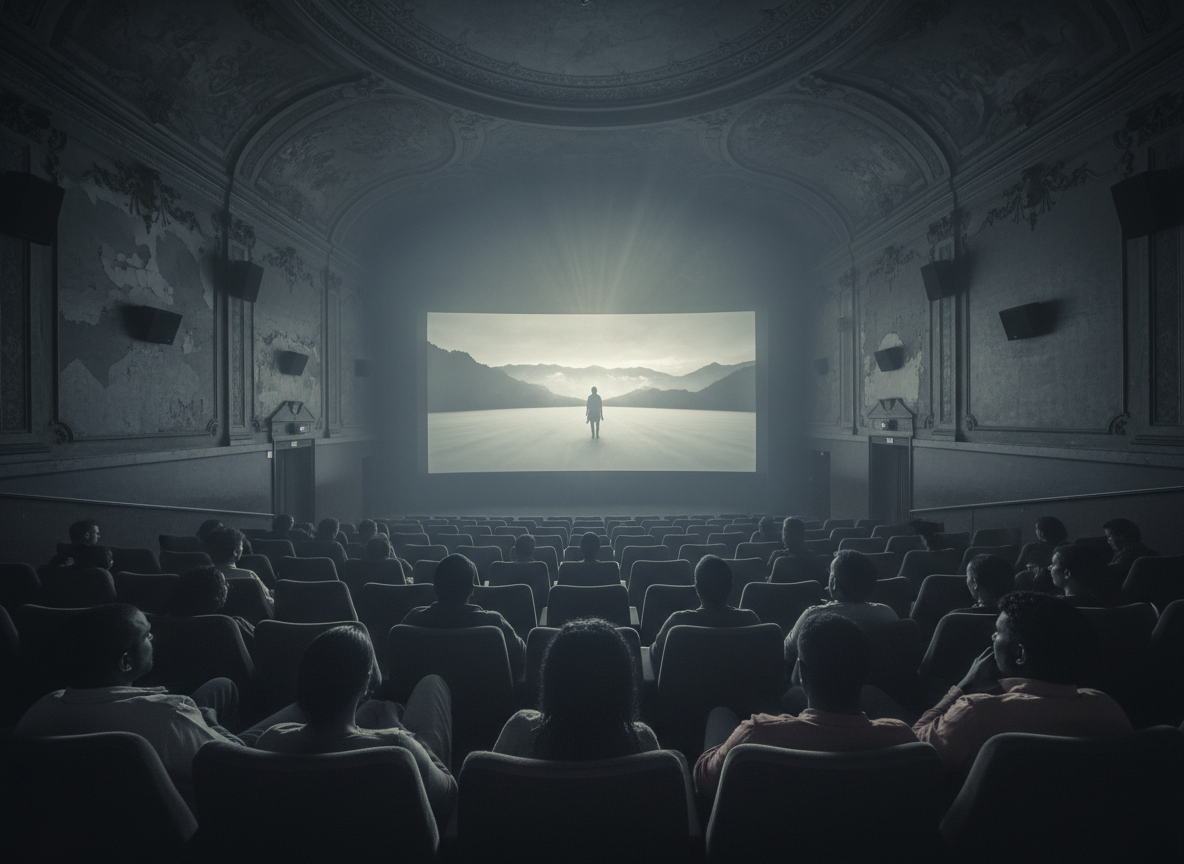 moody, cinematic image of a movie screen or theater in muted tones, with people of color in the audience or no visible people