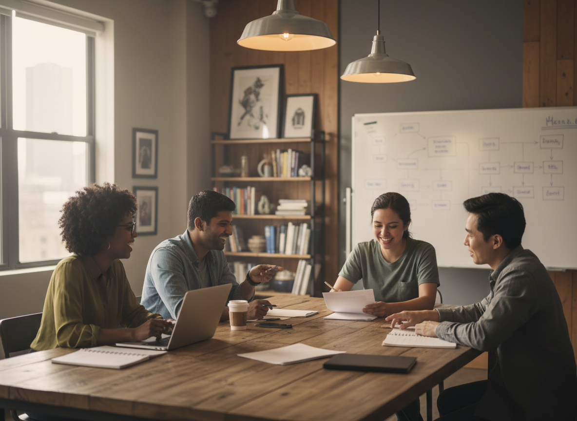 A neutral-tone, cinematic photograph of a writers' room featuring a small group of people of color collaborating around a table with scripts, in a creative, professional setting. Fewer people, focus on diversity and teamwork.